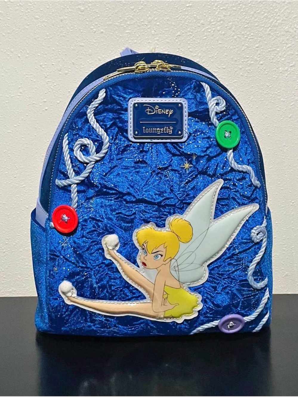 Disney Loungefly Tinker Bell Blue Velvet Mini Backpack New